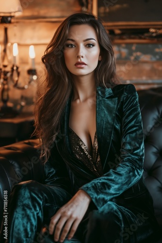 Young beautiful brunette Caucasian woman with evening makeup wears shiny suit at the party