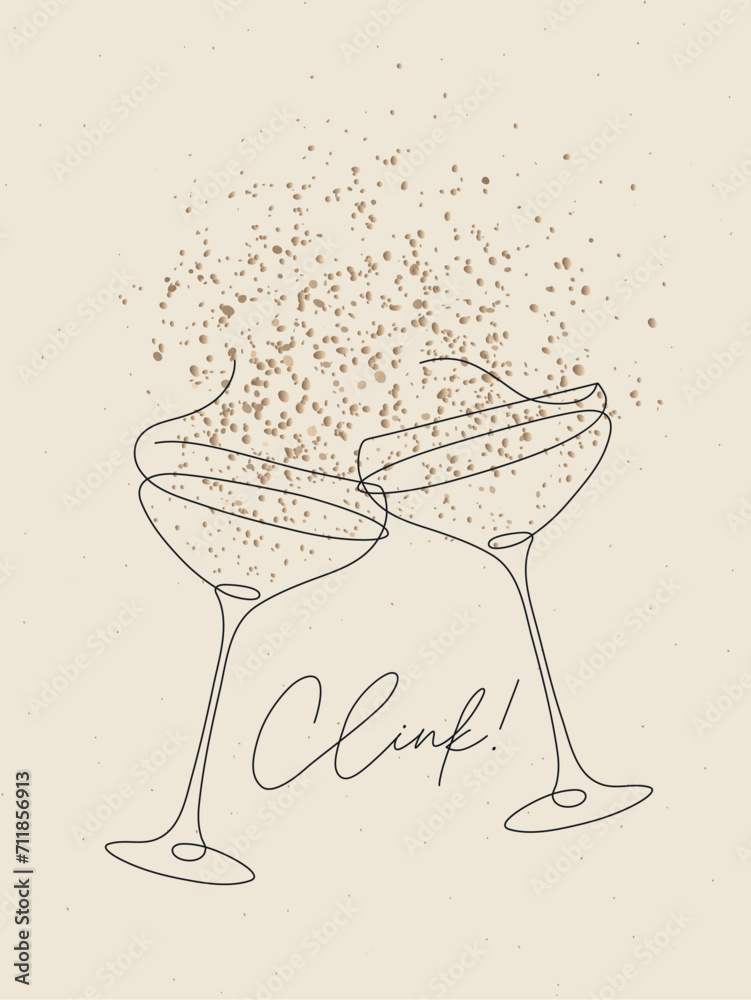 Clink glass of champagne with splash drawing in pen line style on beige background
