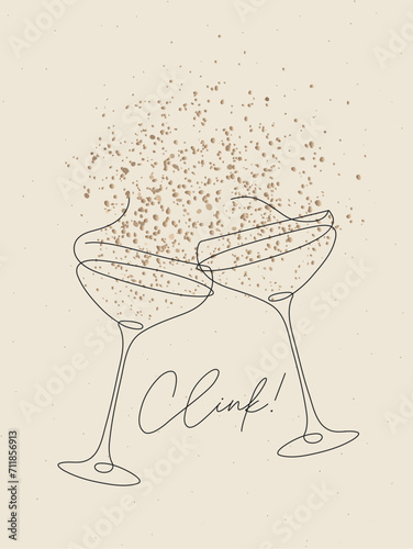 Obraz na płótnie Clink glass of champagne with splash drawing in pen line style on beige background w salonie