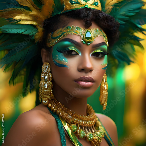 Young women in costume enjoying the carnival party blowing confetti, samba, carnival