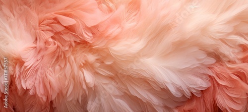 Abstract texture of peach fuzz color colored feathers background banner wallpaper long wide..