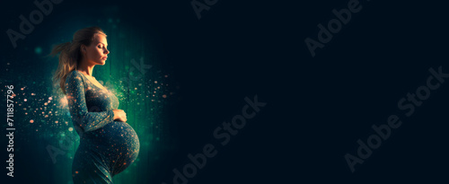 Banner with pregnant woman holding her hands on big belly ,A flickering magical light around the woman. Pregnancy, maternity, preparation,reproductology, expectation, copyspace for text, empty space 