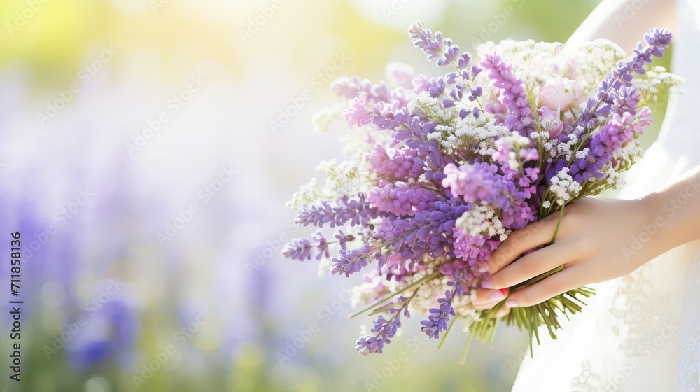 Gorgeous bridal bouquet featuring an enchanting array of different flowers elegantly held in hands Gorgeous bridal bouquet featuring an enchanting array of different flowers elegantly held in hands