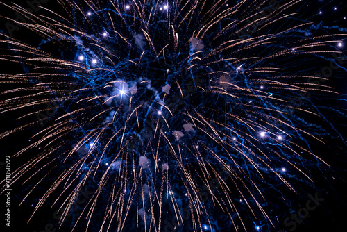 Holiday fireworks explode in the night sky. Selective focus. 