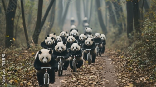 Playful pandas happily ride their bikes along the forest path. Fitness for animals photo