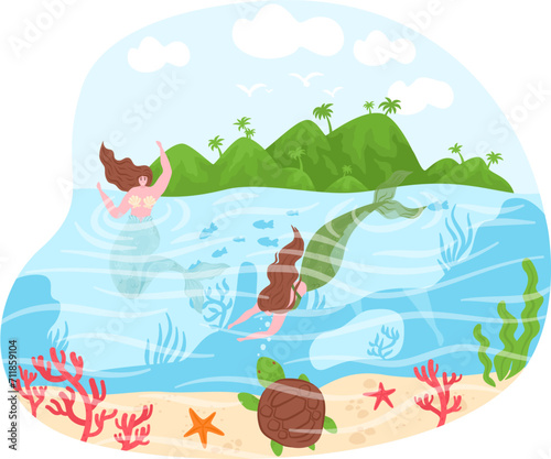 Two mermaids swimming underwater near coral reef with tropical island in background. Cartoon marine life with turtles and fishes. Fairy tale ocean adventure  fantasy creatures in sea vector