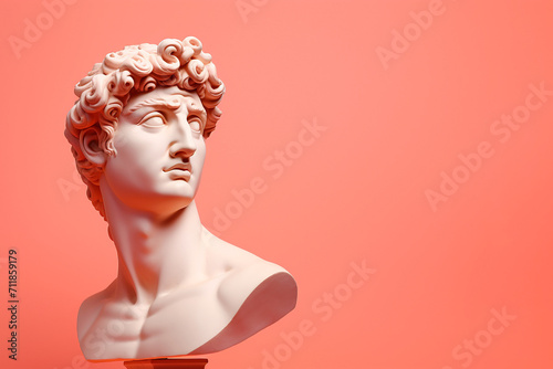 Gypsum statue of David's head, Michelangelo's David statue plaster copy on peach fuzz color of the year 2024 background. Ancient Greek sculpture, statue of hero, copy space for text