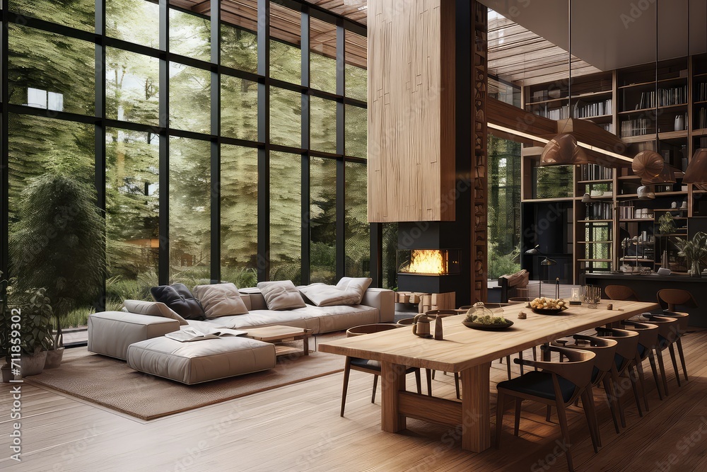 Modern interior with wooden furniture and a large glass front. Cozy living room with dining table.