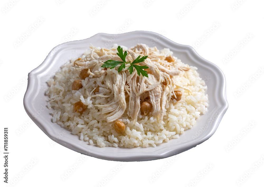 Traditional delicious Turkish food; Rice with chickpeas and chicken (Turkish name; Tavuklu nohutlu pilav or pilaf) Traditional delicious Turkish food; Rice with chickpeas and chicken (Turkish name; Tavuklu nohutlu pilav or pilaf)