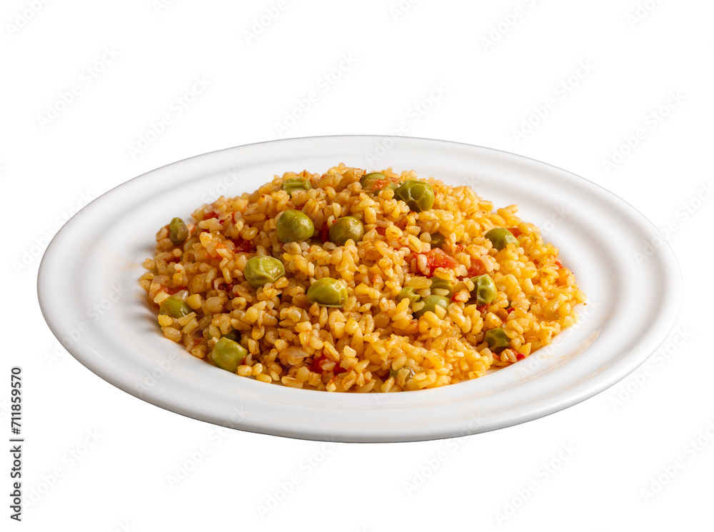 Bulgur pilaf with peas; Turkish name; Bezelyeli bulgur pilavi Bulgur pilaf with peas; Turkish name; Bezelyeli bulgur pilavi