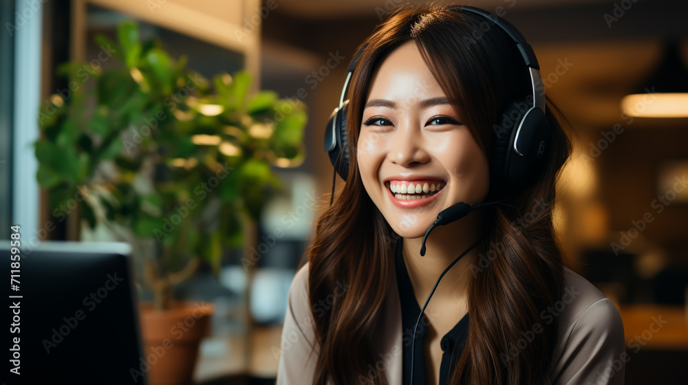 Serious call center operator in wireless headset talking with customer, woman in headphones with microphone consulting client Serious call center operator in wireless headset talking with customer, woman in headphones with microphone consulting client