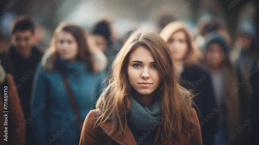 Urban girl standing out from the crowd at a city street. Urban girl standing out from the crowd at a city street.