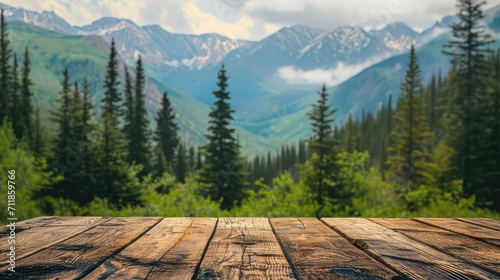 Empty wooden table with a mountain and forest landscape background.