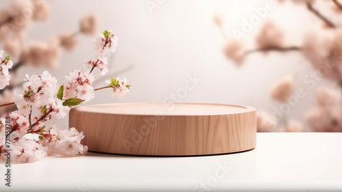 Empty wooden platform podium for presentation and advertising of product, cosmetics and spring flowers on a beige background,