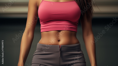 Female athlete posing showing abdominal muscles