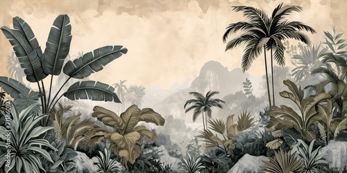 Old retro wallpaper of a lush jungle landscape.