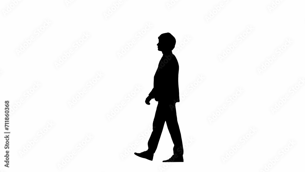 Side view male model in studio isolated on white background with alpha channel. Silhouette of businessman in suit walking.