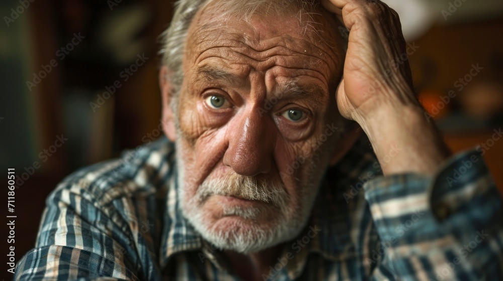 elderly person holding his head with a worried face elderly person holding his head with a worried face