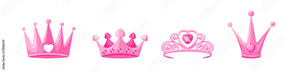 Pink crowns and tiaras set. Luxurious jewelry for queens and princes with hearts monarchical design and vintage gemstones with royal vector style Pink crowns and tiaras set. Luxurious jewelry for queens and princes with hearts monarchical design and vintage gemstones with royal vector style