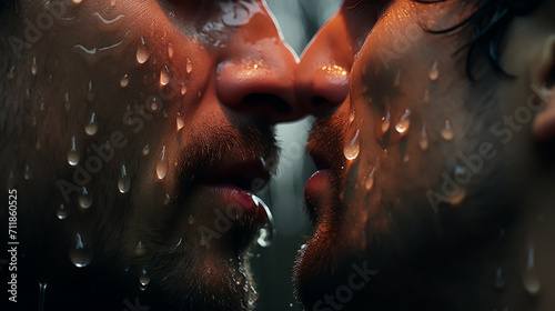 LGBT couple kiss lips. Passion and sensual touch. Closeup of mouths kissing. Two lgbtq in love. Lip care and beauty. photo