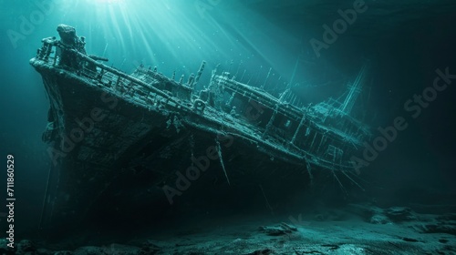 destroyed old ship under the sea in the depths with sand