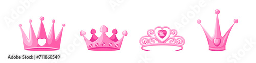 Pink crowns and tiaras set. Luxurious jewelry for queens and princes with hearts monarchical design and vintage gemstones with royal vector style