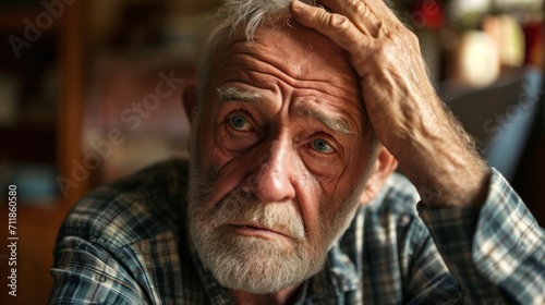 elderly person holding his head with a worried look in a room © Marco