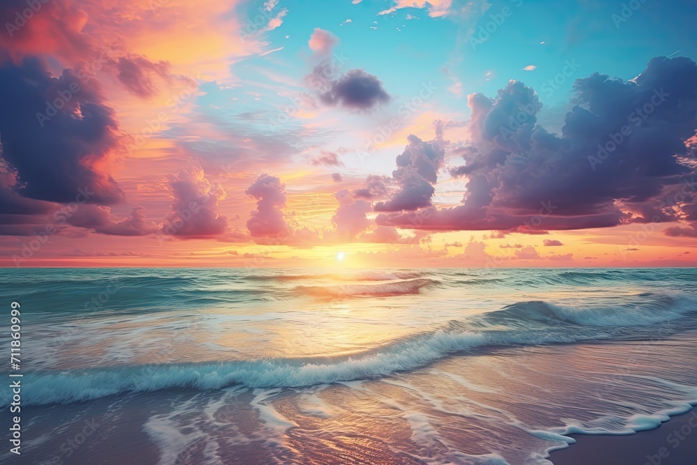 sunset over a beach with clouds