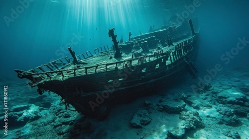 destroyed old ship under the sea in the depths with sand and good lighting