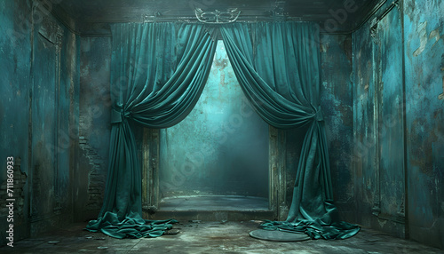 Ancient room with green draped curtains, post-apocalyptic backdrop, dark turquoise & gray hues, embracing romantic drama, gossamer fabrics, theatrical lighting, whimsical genre scenes. photo