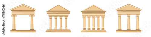Antique greek temples set. Roman parthenon with classical architecture and stone columns made in marble vector design