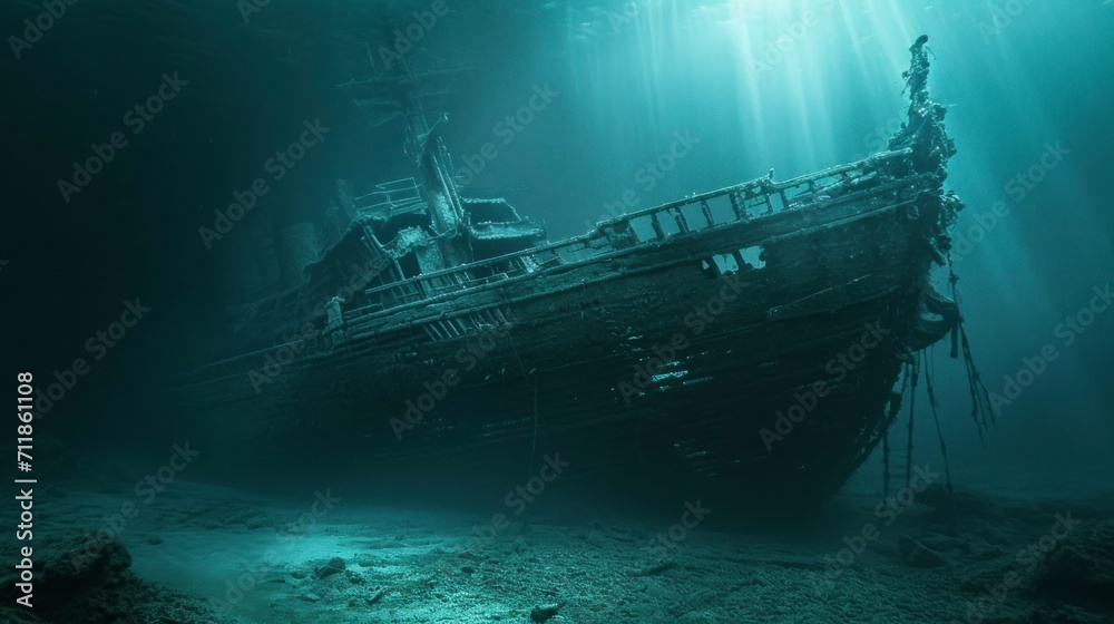 destroyed old ship under the sea in the depths with sand and good blue lighting above the ground destroyed old ship under the sea in the depths with sand and good blue lighting above the ground