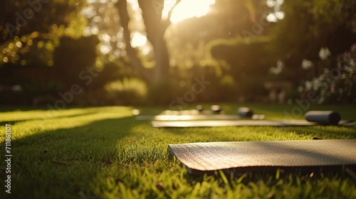 Empty yoga mats laid out on a quiet lawn. Created with Generative Ai technology.