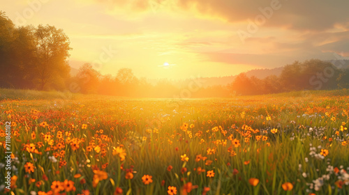 Summer flowering field with sunset in the background
