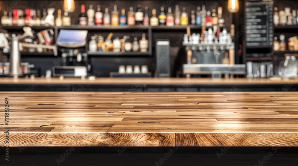Empty wooden bar counter with blurred background of bar interior including shelves with various bottles