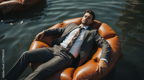 Businessman in suit and tie in a sea in an inflatable boat photo