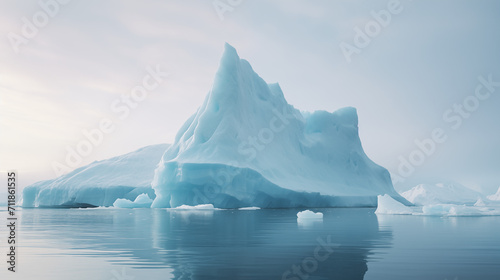 Professional photograph of iceberg floating in still ocean water. Melting ice in arctic region.