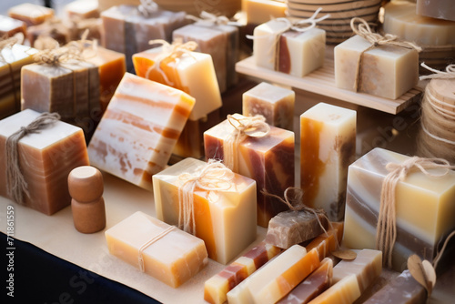 Handmade soaps with different layers and textures are presented on a market table, rich selection for self care care products, ideal for boutique or specialty store advertising. photo