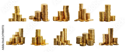 Stacks of generic golden coins isolated on transparent background.