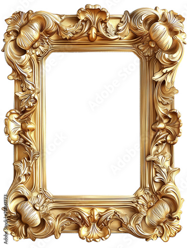 Rectangular portrait golden baroque frame made of gold isolated on transparent background, png style. Mockup template for artwork design.