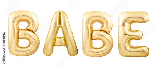 BABE word made of golden inflatable party balloons isolated on white background. BABE slang concept photo