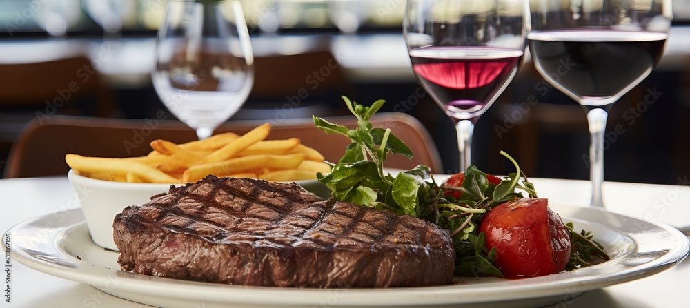 Savory and juicy beef steak served in a modern bright restaurant with a glass of fine red wine