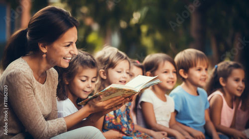 Teacher reading a book with a class of preschool children