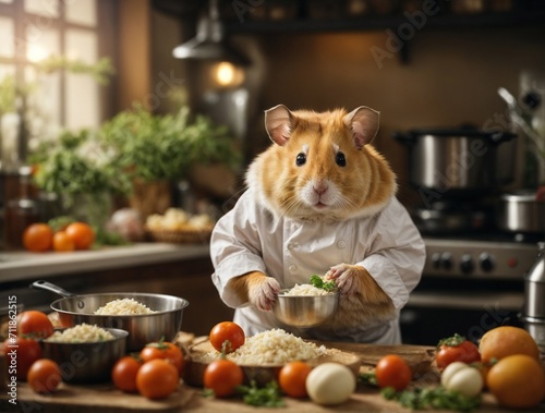 Cute hamster chef cooking food. AI Generated. © Joao