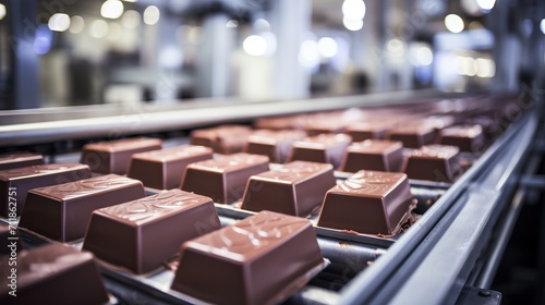 High tech chocolate candy production line on conveyor belt in a modern confectionery factory
