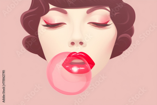 Surreal portrait of a woman with exaggerated makeup blowing pink bubble.