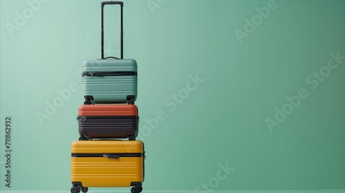 Stacked colorful suitcases against mint green background ready for travel photo
