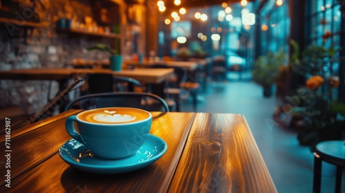 A background featuring a cup of ready-to-drink coffee adorned with a cozy cafe in the backdrop