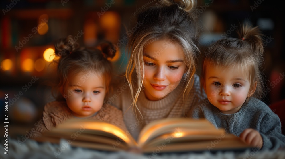 Young mother reading a storybook to her adorable twin toddlers at home Young mother reading a storybook to her adorable twin toddlers at home