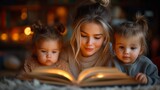 Young mother reading a storybook to her adorable twin toddlers at home
